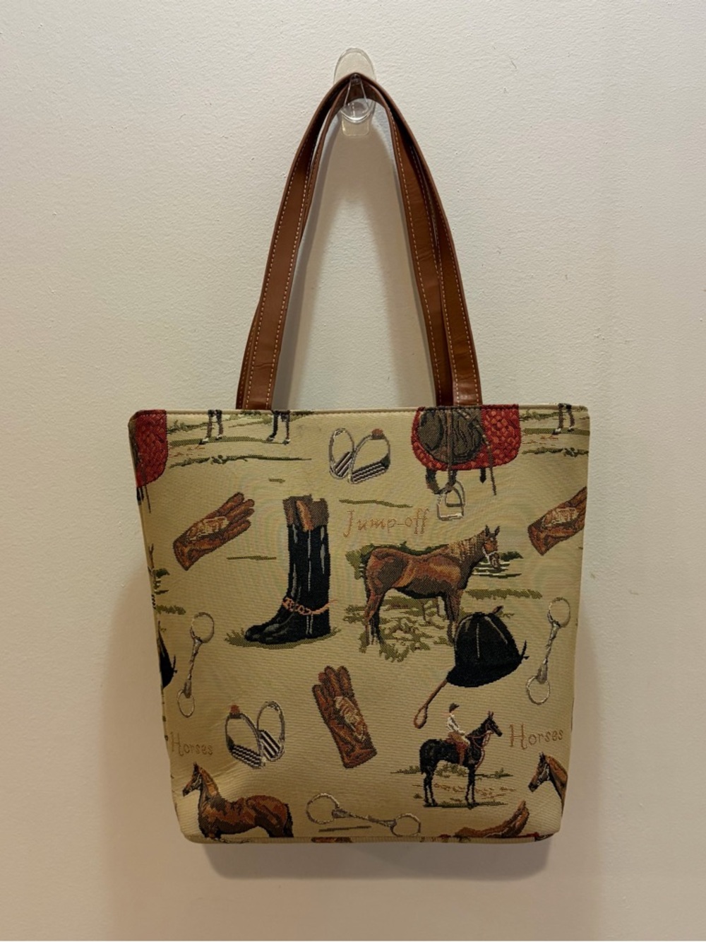 Equestrian Tapestry Tote Bag in Beige and Brown